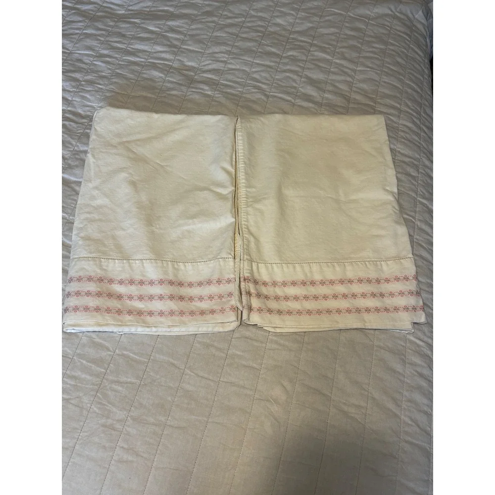 Vintage Cotton Pillowcase Pair Pink Green Cross Stitch Floral Embroidery Cream